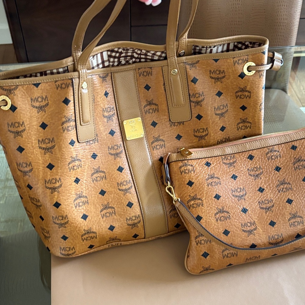 MCM Cognac Visetos Logo Tote with Matching Pouch